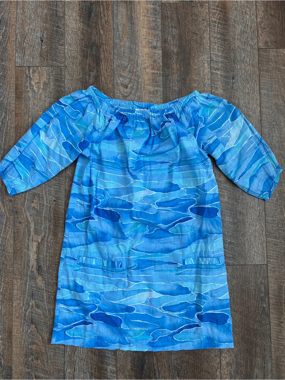 Blue Off-Shoulder Watercolor Print Dress